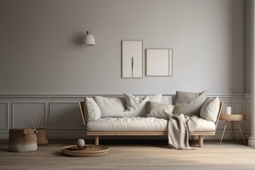 Scandinavian-style interior with sofa and empty wall mockup. Minimalist design. 3D rendering. Generative AI