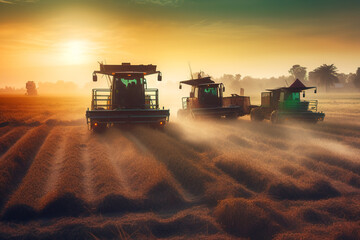 Fototapeta premium Harvester machine to harvest wheat field working. Combine harvester agriculture machine harvesting golden ripe wheat field. Agriculture