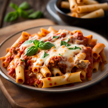 Baked Ziti: A hearty pasta casserole made with ziti noodles, meaty tomato sauce, and a blend of ricotta, mozzarella, and Parmesan cheese.