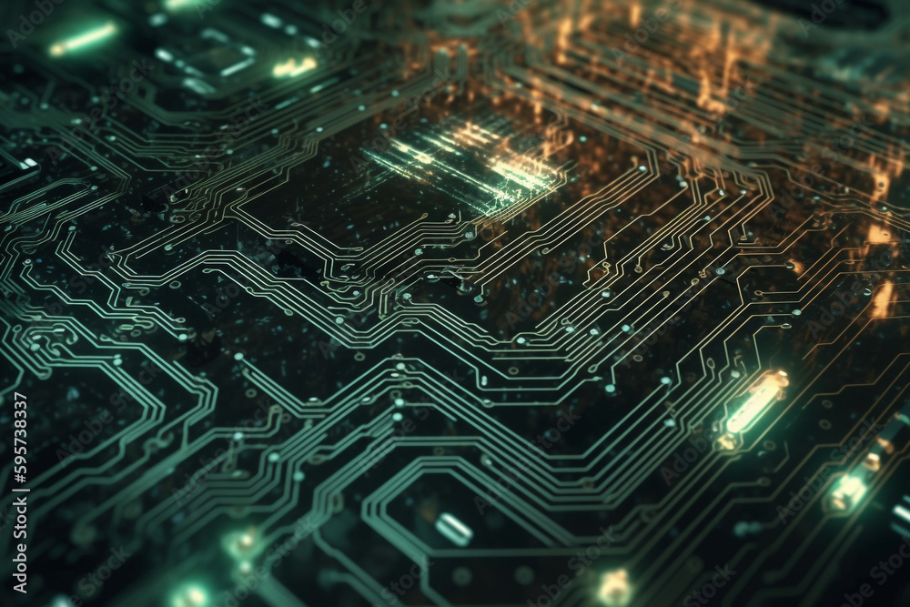 Poster digital circuit board background with binary code and glowing lines, generative ai