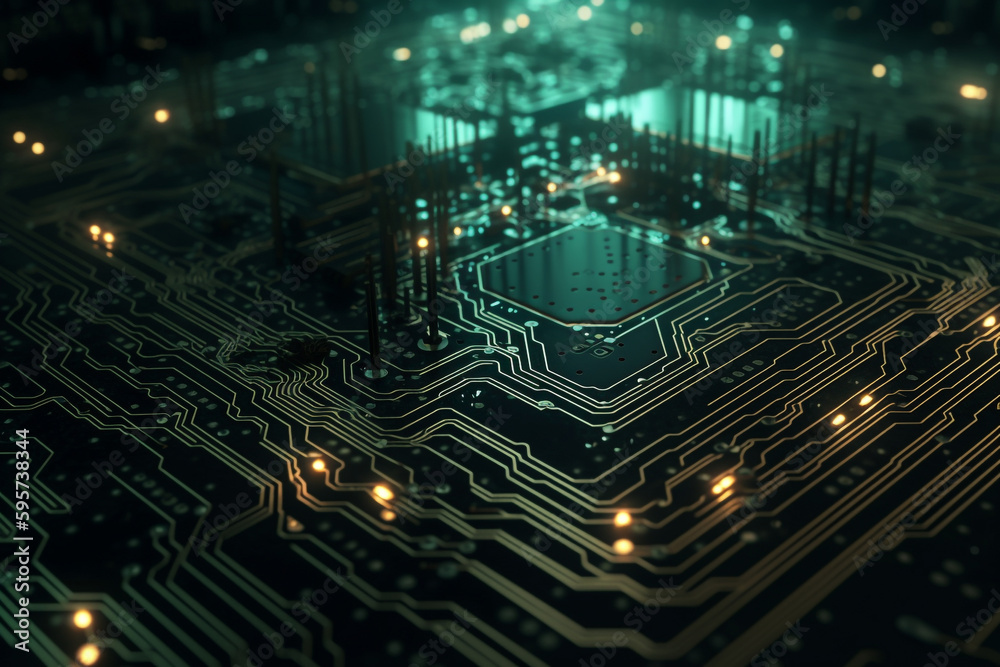 Poster circuit board background with binary code and glowing lines, generative ai