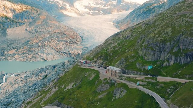 Switzerland, aerial view of Furka pass - high mountain pass in the Swiss Alps with Rhone Glacier (Rhonegletscher) on a sunny day