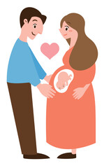 愛情・絆が伝わる妊娠中期〜後期の妊婦さんとお腹に手を当てて支える旦那さんの夫婦の人物イラスト_赤ちゃん胎児あり