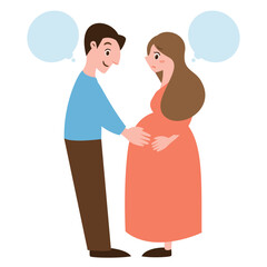 出産間近で不安なマタニティーブルーの妊婦さんと前向きに支える頼もしい旦那さんの夫婦の人物イラスト_向き合わせ吹き出し付き