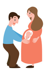 妊娠中期〜後期の妊婦さんと胎児に声掛けをする旦那さんの夫婦の人物イラスト_胎教