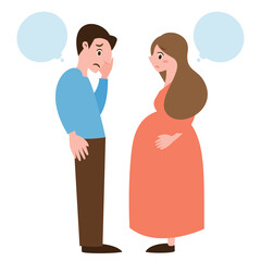 妊娠初期の妊婦さんと困惑する悩む旦那さんの夫婦の人物イラスト_向き合わせ吹き出し付き