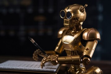 Fototapeta premium Golden Robot College Student Getting Ready For Exams Generative AI