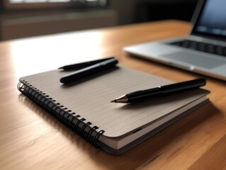 A sleek, closed laptop rests on a desk, accompanied by a classic notepad and a sleek pen.