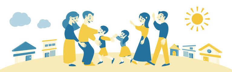 空と街が描かれたコピースペースのあるおじいちゃんおばあちゃんと笑顔の3世代家族・子育て世帯の帰郷人物イラスト_青・黄色