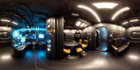 Full 360 degrees seamless spherical panorama HDRI equirectangular projection of cyberpunk spaceship interior. Texture environment map for lighting and reflection source rendering 3d scenes.