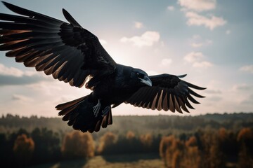 Fototapeta na wymiar A solitary crow soaring through the air. Generative AI