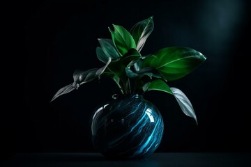 Obraz na płótnie Canvas Green plant in blue vase on black background with white stripe at bottom. Generative AI