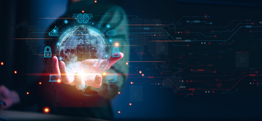 Businessman use hologram global structure customer network technology, Analyzation data exchanges...