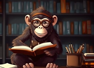 Cartoon Chimpanzee Undergraduate Getting Ready For Exams Generative AI