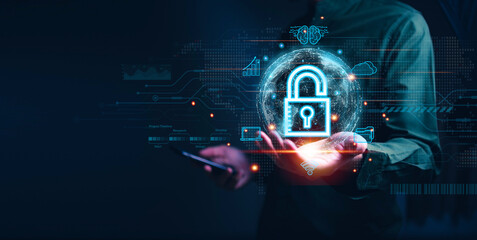 Businessman holding hologram padlock and use hologram global structure customer network technology, Analyzation data exchanges development systerm, customer service, Business strategy, Customer networ
