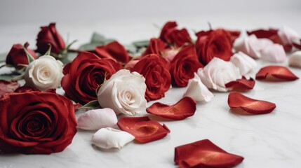 Fototapeta na wymiar White and red roses on white table background. Generative AI.