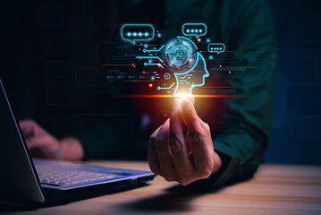 Businessman holding hologram digital chatbot,  conversational assistant, AI Artificial Intelligence concept, chat bot application, digital chatbot on virtual screen.