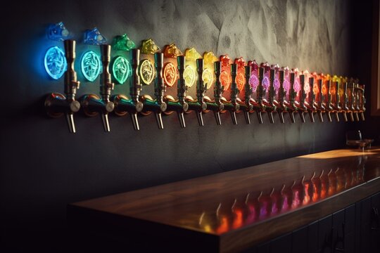 Nine taps on wall with colored glasses. Generative AI