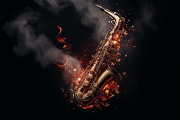 Flaming saxophone explodes with banner and copy space. Generative AI