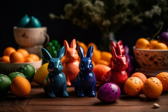 Colorful Easter eggs, bunnies, and carrots bring happiness to Easter. Generative AI