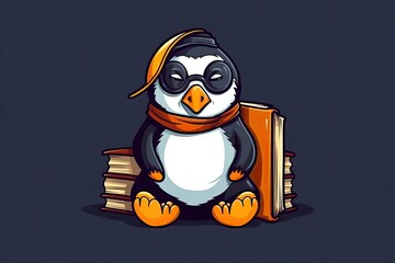 Obraz premium Cartoon Penguin Undergrad Getting Ready For Exams Generative AI
