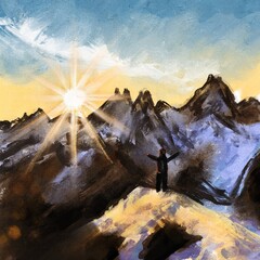 Hand drawn illustration of sunrise in winter snow ice mountains hills, dawn woodland. Morning scene landscape, oil painting texture, sunset outdoor adventure, nature design mist fog panorama light.