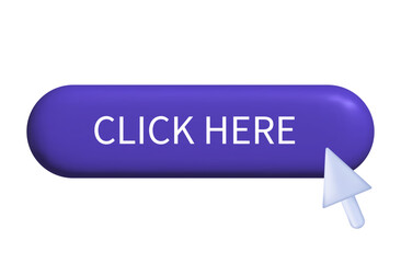 Click here icon 3d. A selection button to join or go to the site. Cursor, arrow for registration. Pointer to click, press, or send a request. The action is to touch, apply, further, learn more. Vector