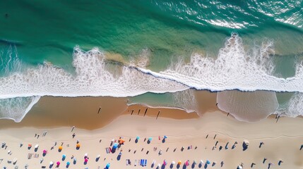 Fototapeta premium Top view of sandy beach with turquoise sea water and colorful blue umbrellas, aerial drone shot. Generative Ai.