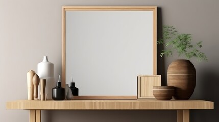blank wooden picture frame mockup on wall, generative AI