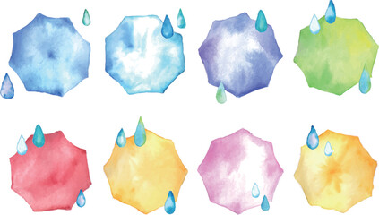 水彩画。水彩タッチの梅雨ベクターイラスト。雨の日の傘と雫背景。Watercolor painting. Rainy season vector illustration with watercolor touch. Rainy day umbrella and drops background.