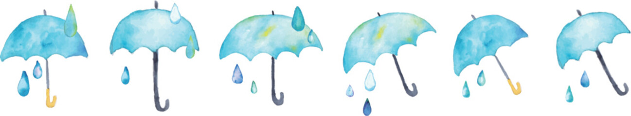 水彩画。水彩タッチの梅雨ベクターイラスト。雨の日の傘と雫背景。Watercolor painting. Rainy season vector illustration with watercolor touch. Rainy day umbrella and drops background.