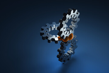 Close-up of gears lubricated with machine oil on a blue background. 3d rendering illustration.