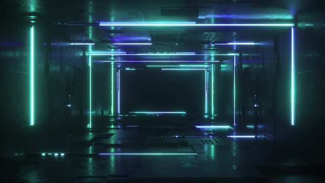 Blue and Green Neon Glowing Sci-fi Tunnel Background