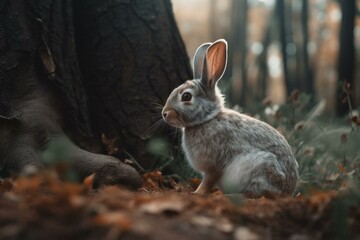 Naklejka na ściany i meble Adorable bunny seated amidst springtime woods. Generative AI