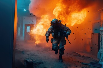 Swat soldier running from explosion. Generative AI.