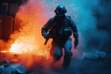 Fototapeta premium Swat soldier near explosion. Generative AI.