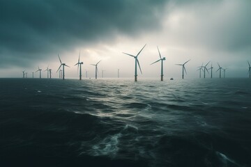 Wind turbines generating clean energy on a cloudy morning at an offshore wind farm. Generative AI