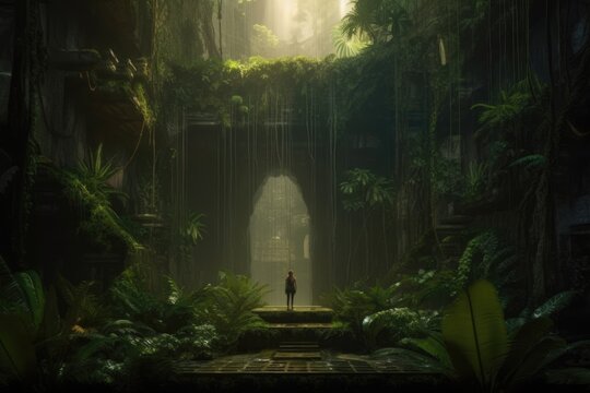 Tomb raider in the forest. Generative AI.