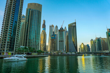Plakat Dubai Marina in Dubai, UAE. View of the skyscrapers and the canal
