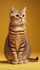 Obraz premium Tabby cat, Domestic cat, Korean shorthair cat, sitting pose, in the yellow background studio with Generative AI technology