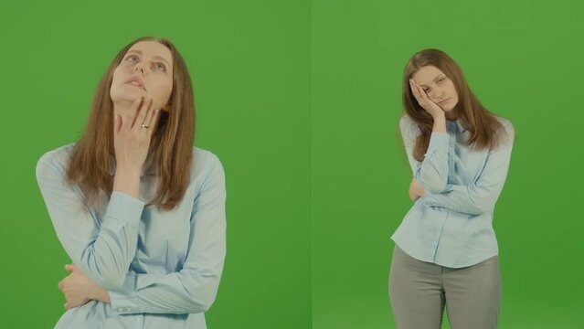 2-in-1 Split Green Screen Montage. Green Screen. Chroma Key. Tired Unhappy Woman Feeling Annoyed, Angry, Boring. Woman in Blue Shirt on Green Background.