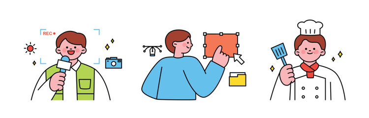 Labor Day. people who are working. News reporter, graphic designer, chef.