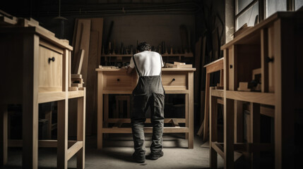 Fototapeta na wymiar Carpenter working in the carpentry workshop, generative ai