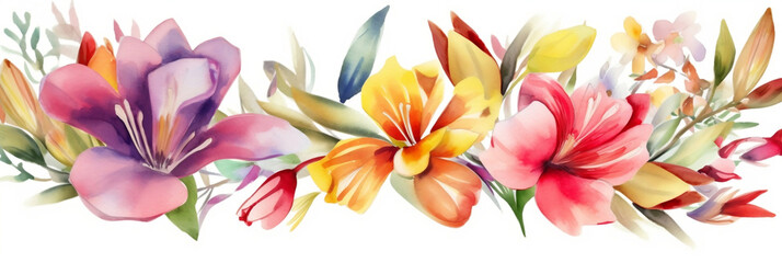 Fototapeta na wymiar Colorful flowers and blossoms on a white background painted with watercolors, banner, mother's day, wedding, love, roses, alstroemeria, freesia, party, Generative AI