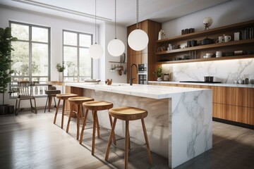 Contemporary kitchen with marble counter bar, wood stool, white pantry, and modern furniture. Rendered in 3D. Generative AI