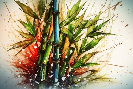 Bamboo illustrated in watercolor and ink with colorful splashes of water. Generative AI