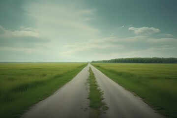 Fototapeta premium The landscape of grass fields and blue sky road leading off into the distance. Generative Ai.