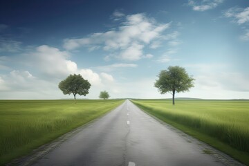 The landscape of grass fields and blue sky road leading off into the distance. Generative Ai.