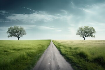 The landscape of grass fields and blue sky road leading off into the distance. Generative Ai.