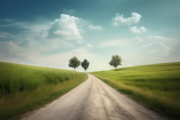 The landscape of grass fields and blue sky road leading off into the distance. Generative Ai.